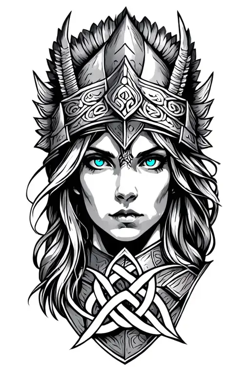 Valkyrie with blue eyes on armor tattoo design featuring Celtic trinity knot  tattoo design idea