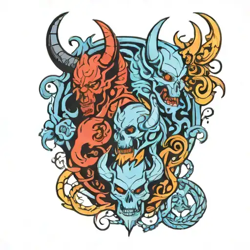 soul chain weapon light blue happy and angry devil twisted with different spectrum of worlds and universe  tattoo design idea