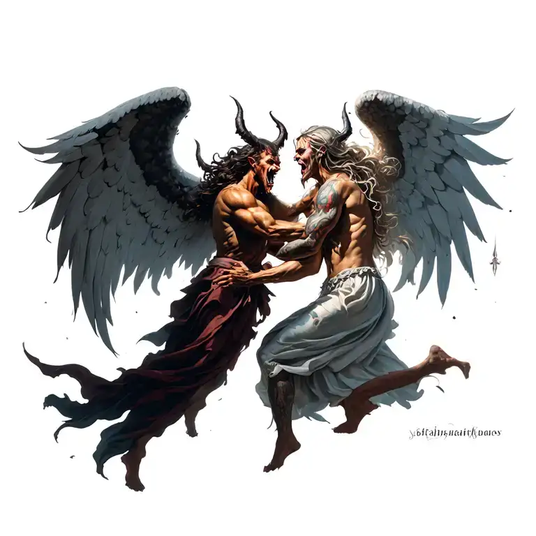 A good angel fighting with a Demon and a evil angel tattoo design idea