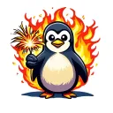 penguin holding a firework bursting with flames tattoo design idea