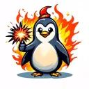 penguin holding a firework bursting with flames tattoo design idea