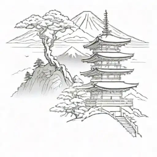 a japanese pagoda with mount fuji on background tattoo design idea