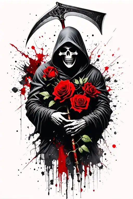 hooded Reaper, darkness,, scary, holding a scythe, roses tattoo design idea