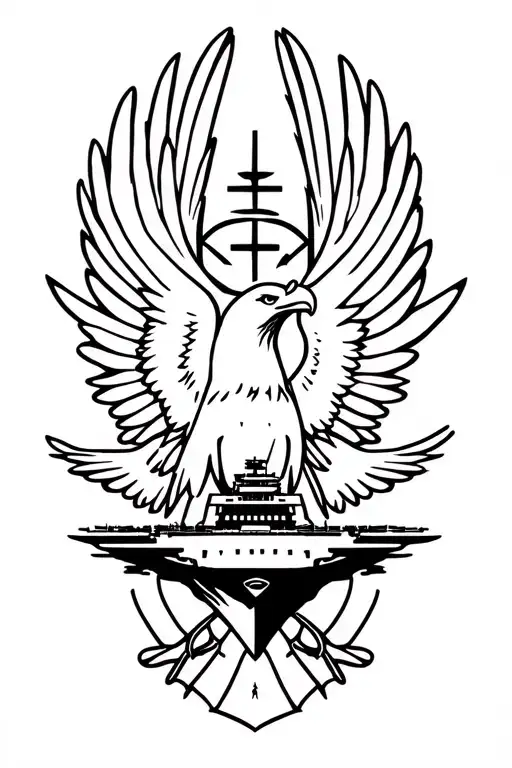 eagle spreading wings facing forward with a aircraft carrier under it tattoo design idea
