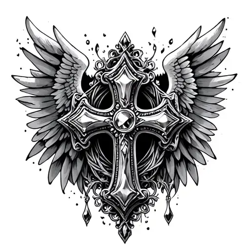 gothic metal bejewelled cross with wings and rrnate baroque details behind.  distressed and faded tattoo design idea