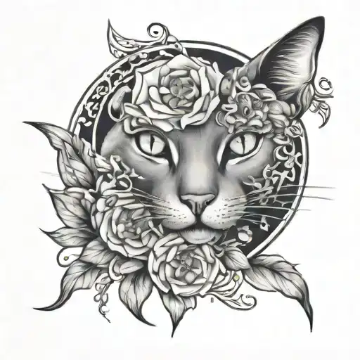 cat moon flower tattoo design idea