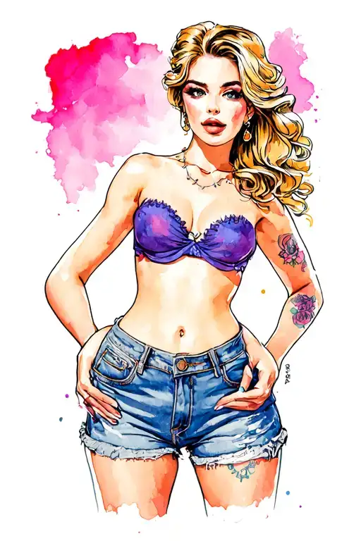 on pin-up girl topless denim shorts hands on hips  tattoo design idea