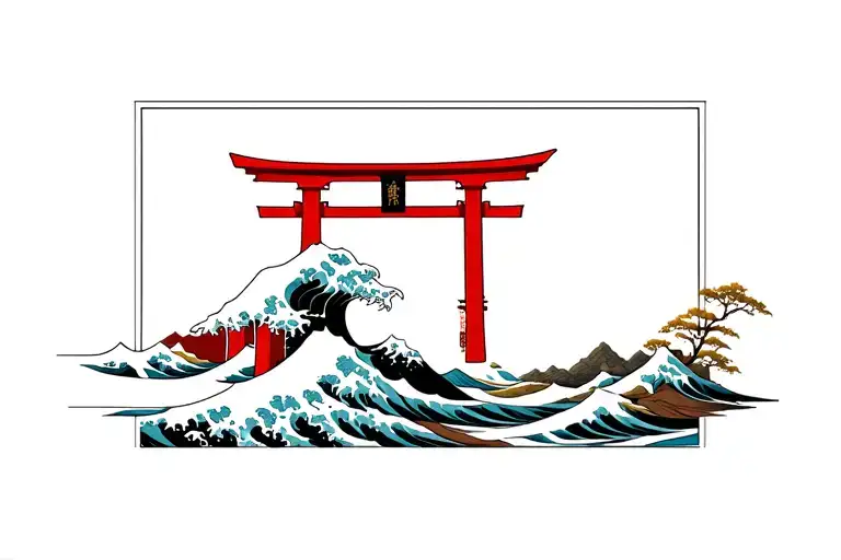mon fuji, torii gate great wave inside a rectangle tattoo design idea