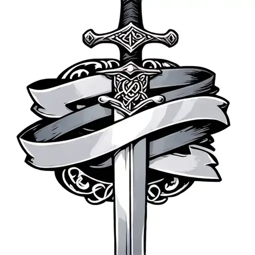 old Irish sword with Gaelic design down the blade, banner wrapped around the sword tattoo design idea