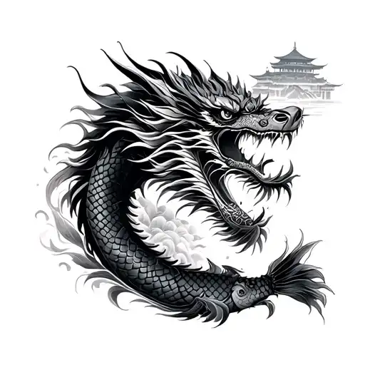 Japanese dragon, samurai, koi fish and temple tattoo design idea