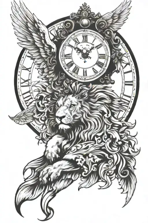 angle wings & lion head & clock & 630 tattoo design idea
