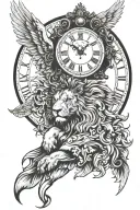angle wings & lion head & clock & 630 tattoo design idea