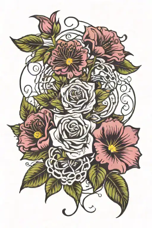 aster, rose, morning glory, honeysuckle flowers intertwined tattoo design idea