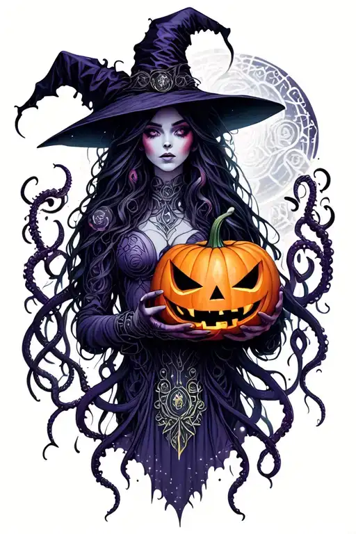 cyber witch holding jack-o'-lantern, tentacles, space, eldritch tattoo design idea