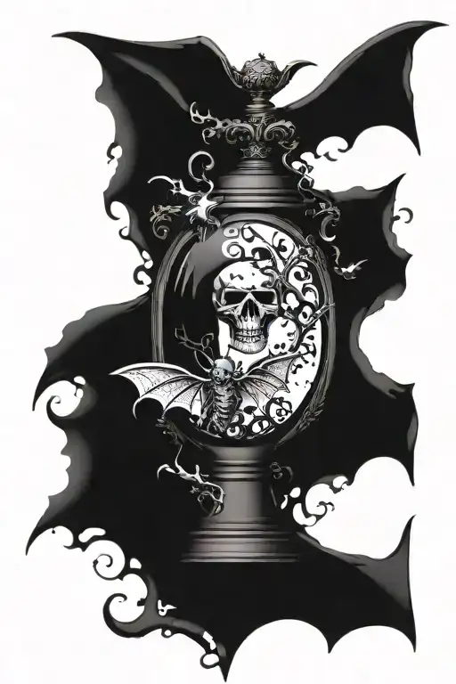 A bat wrapping an hour glass. Blood and small skulls. Lovecraftian horrors. Obsidian black. tattoo design idea