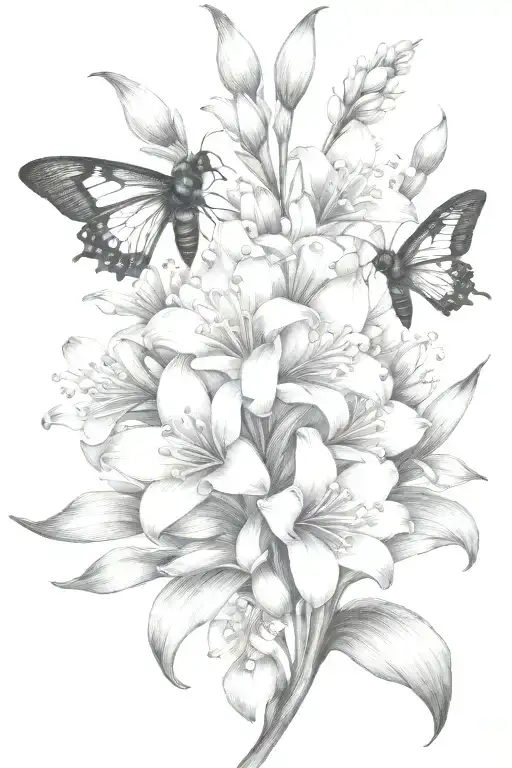 lily of the valley gladiolus lotus flowers blooming with bee flying towards living tattoo design idea