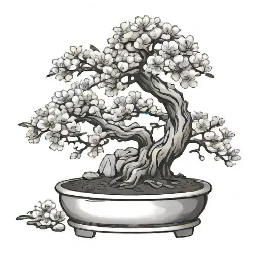 potted bonsai tree with small cherry blossoms at the tips of the leaves tattoo design idea