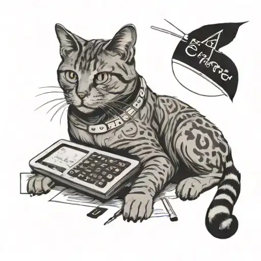 Create a tattoo design featuring a cat playing with accounting calculators against a backdrop of Ceará's famous landmarks tattoo design idea