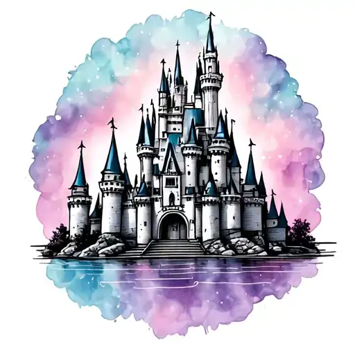 Cinderella's castle add pinks purples blues tattoo design idea