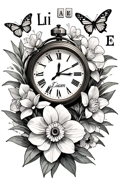 "Liam" 1 clock right shoulder surrounded by daffodils and butterflies and ABC blocks tattoo design idea