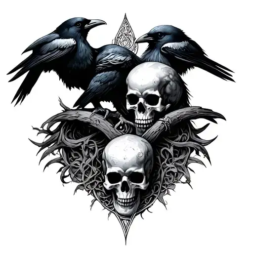Roman Pagan symbolism including Yggdrasilb and main God 2 crows and skulls tattoo design idea