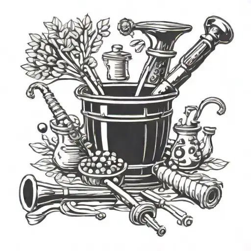 A blackwork tattoo of a pharmacy mortar and pestle surrounded by musical instruments tattoo design idea