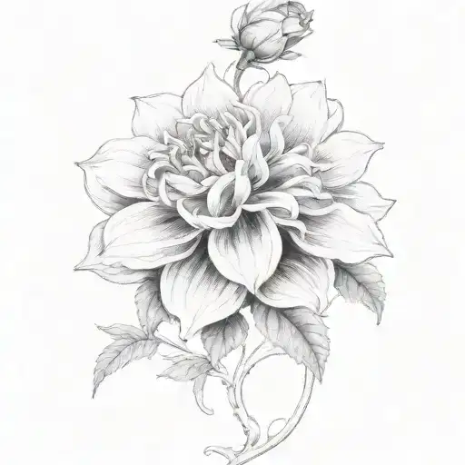 A black-grey design featuring a blooming dahlia and climbing rose vines tattoo design idea