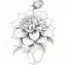 A black-grey design featuring a blooming dahlia and climbing rose vines tattoo design idea