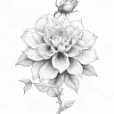 A black-grey design featuring a blooming dahlia and climbing rose vines tattoo design idea