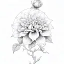 A black-grey design featuring a blooming dahlia and climbing rose vines tattoo design idea