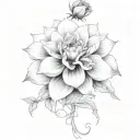 A black-grey design featuring a blooming dahlia and climbing rose vines tattoo design idea