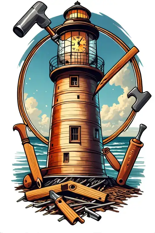 Incorporate carpentry tools like hammers, saws, and nails into a lighthouse design with a clock tattoo design idea