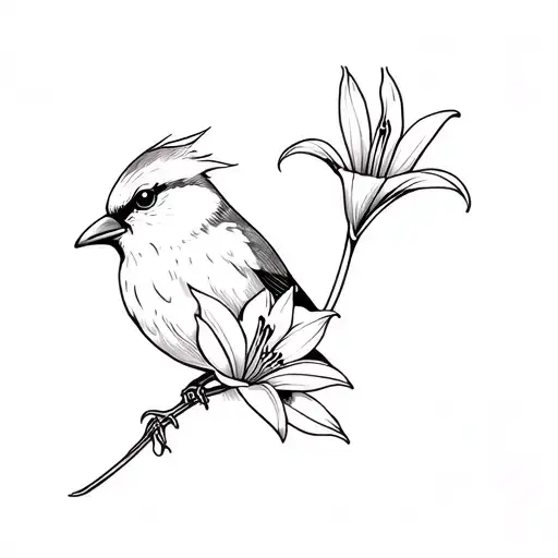 Sparrow with a lily flower in mouth tattoo design idea