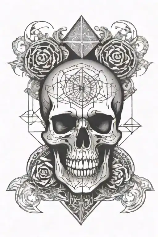 skull, heart, brain, geometric, runes, alchemy symbols tattoo design idea