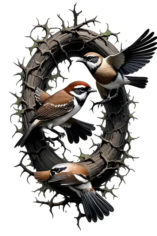two sparrows flying and thorns Turing into vine wrapinf tattoo design idea