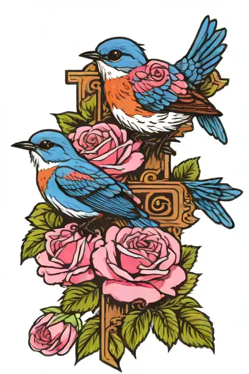 Eastern Bluebirds with 2 pink roses and a cross tattoo design idea