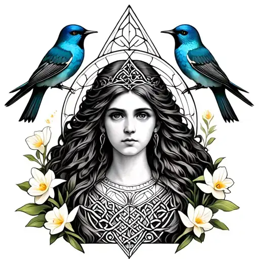 Celtic Goddess, Rhiannon. Flying songbirds at the bottom, and surrounded by gates and daffodils tattoo design idea