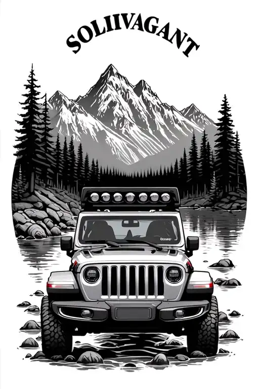 "Solivagant" "Solivagant" "Solivagant" "Solivagant" topless jeep wrangler in wilderness creek and mountains joined together tattoo design idea