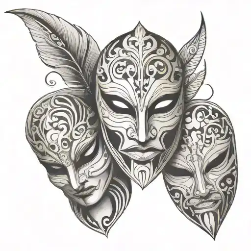 three similar very simplistic masks that might be used in a drama or to hide one's identity overlapping  tattoo design idea