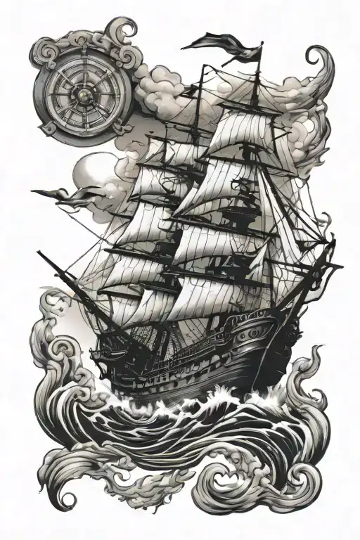 nautical half sleeve tattoo featuring galleon warship tattoo design idea