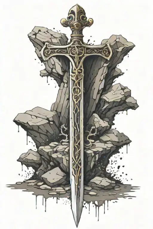 the sword excalibur, burried In a stone plinth. The background of the tattoo should be a city street from 2020 tattoo design idea