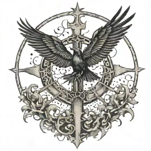 Murder of crows circling around a Christian cross with a black metal symbol in the center tattoo design idea
