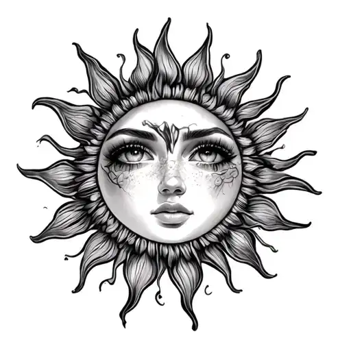 a radiant sun with my wife's eyes in the middle tattoo design idea