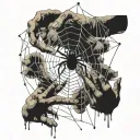 there are many hands and they make a web out of threads, a spider crawls along the web tattoo design idea