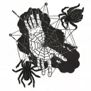 there are many hands and they make a web out of threads, a spider crawls along the web tattoo design idea