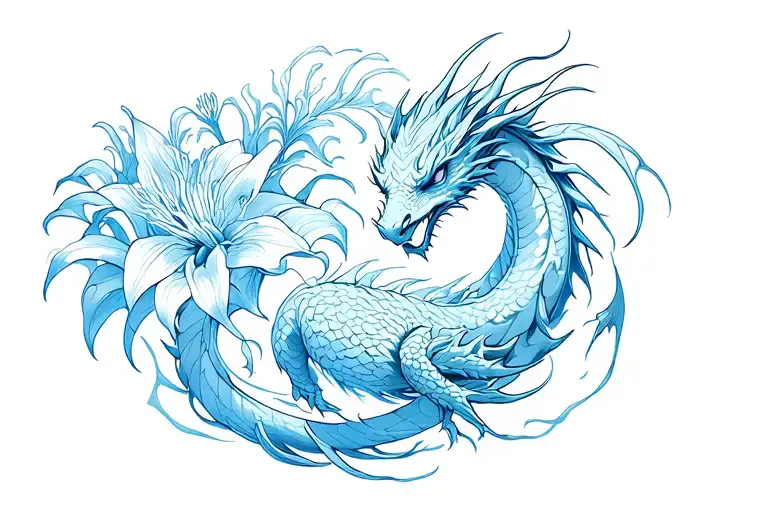 Flowing dragon wrapped around a blue spider lily tattoo design idea