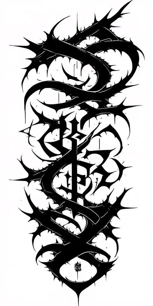 Raw Blackwork Chaotic Bold Strokes Flow Brutalist Dark Abstract Lettering Thorns Cyber Sigilism tattoo design idea