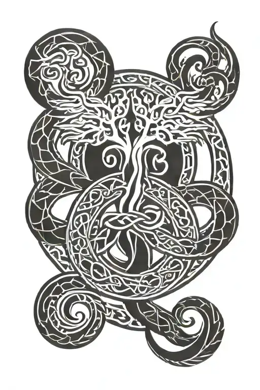 Viking yggdrasil, jormungandr and valkyrie with younger futhark runes to symbolise strength, protection, good fortune  tattoo design idea