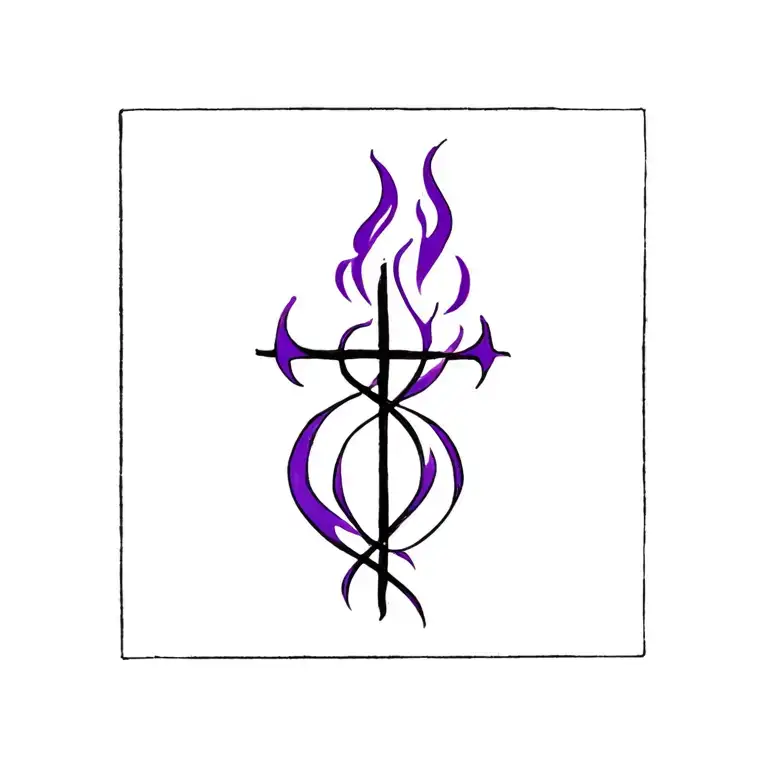 Small black and purple flame with cross intertwined tattoo design idea