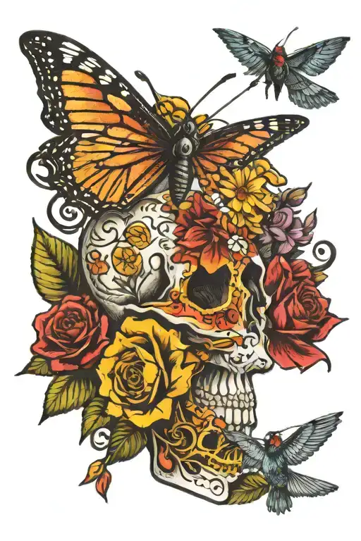 Collage with sugar skull at the center and a windmill, hummingbird, monarch butterfly, and cardinal around the edges.  tattoo design idea